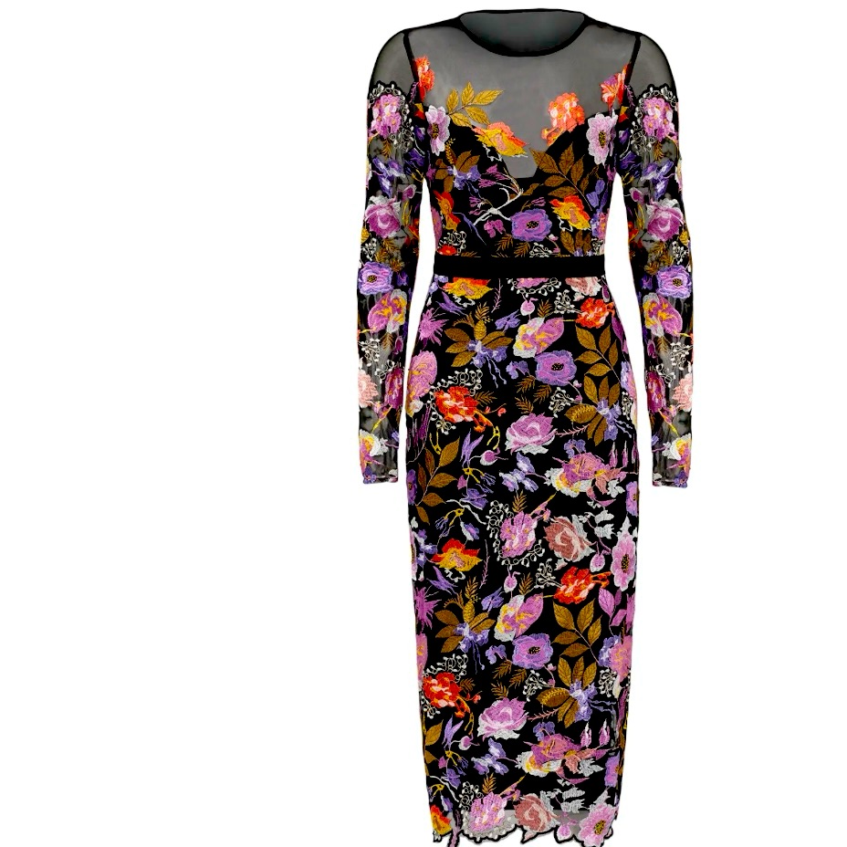 Nicole Miller Black Floral Embroidered Mesh Midi Sheath Dress Size 2